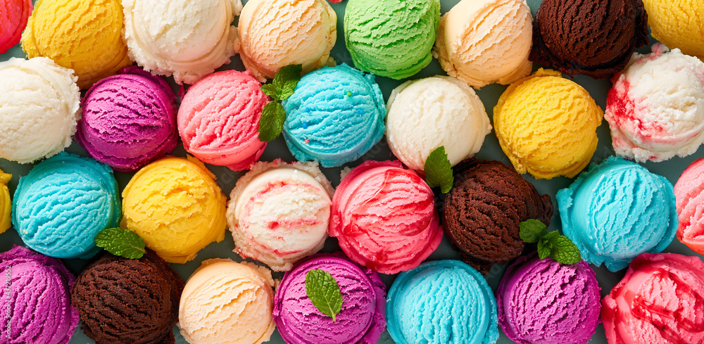 Assorted of scoops ice cream. Colorful set of ice cream of different flavours. Top view of ice cream isolated with mint, sauce