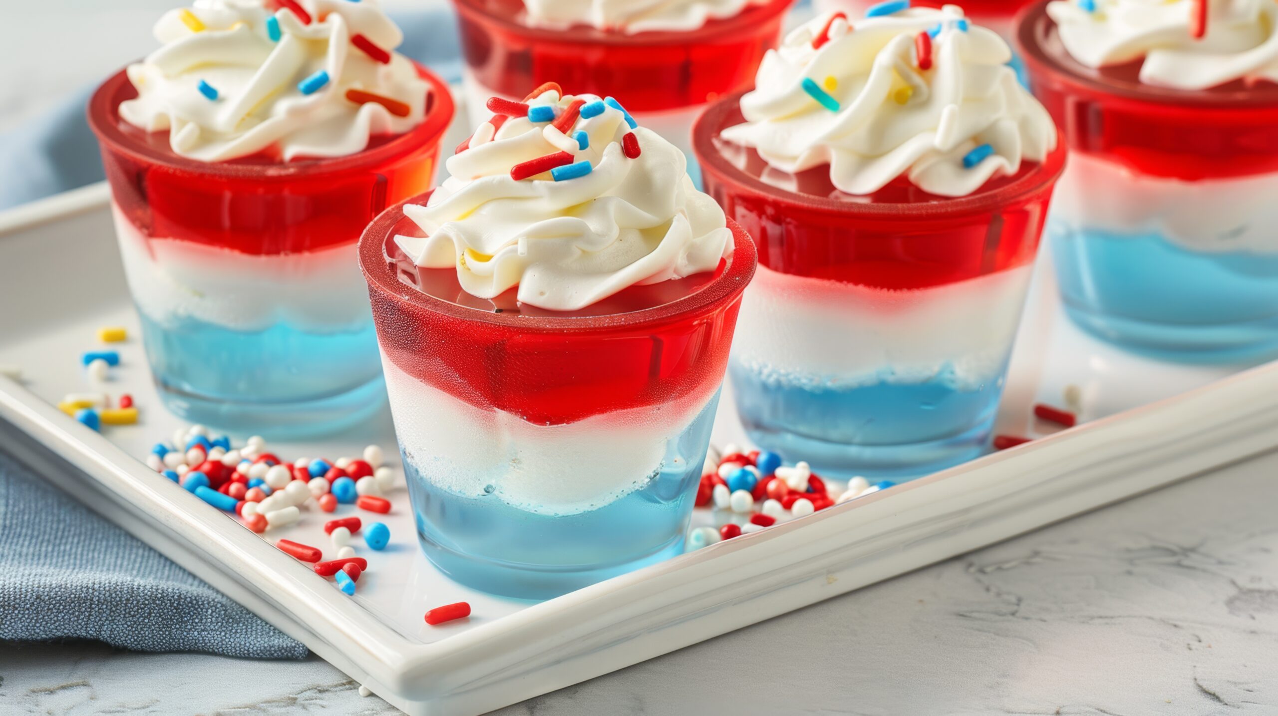 Patriotic Layered Gelatin Desserts with Whipped Cream and Sprinkles layered 4th of July Jello